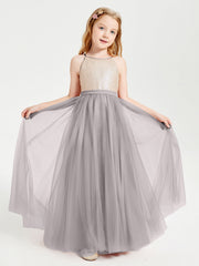 Abito Damigella Junior Lungo Top Con Paillettes Gonna In Tulle Argento
