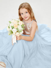 Abito Damigella Junior Lungo Top Con Paillettes Gonna In Tulle Blu Cielo