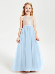 Abito Damigella Junior Lungo Top Con Paillettes Gonna In Tulle Blu Cielo