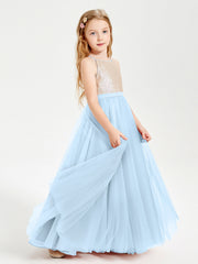 Abito Damigella Junior Lungo Top Con Paillettes Gonna In Tulle Blu Cielo