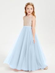 Abito Damigella Junior Lungo Top Con Paillettes Gonna In Tulle Blu Cielo