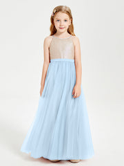 Abito Damigella Junior Lungo Top Con Paillettes Gonna In Tulle Blu Cielo