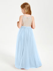 Abito Damigella Junior Lungo Top Con Paillettes Gonna In Tulle Blu Cielo