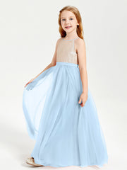 Abito Damigella Junior Lungo Top Con Paillettes Gonna In Tulle Blu Cielo