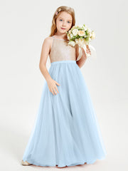 Abito Damigella Junior Lungo Top Con Paillettes Gonna In Tulle Blu Cielo