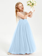Abito Damigella Junior Lungo Top Con Paillettes Gonna In Tulle Blu Cielo