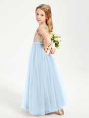 Abito Damigella Junior Lungo Top Con Paillettes Gonna In Tulle Blu Cielo