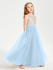 Abito Damigella Junior Lungo Top Con Paillettes Gonna In Tulle Blu Cielo