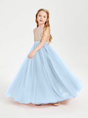 Abito Damigella Junior Lungo Top Con Paillettes Gonna In Tulle Blu Cielo