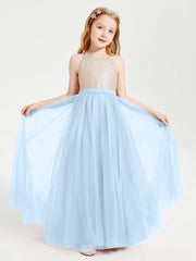 Abito Damigella Junior Lungo Top Con Paillettes Gonna In Tulle Blu Cielo