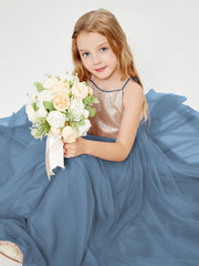 Abito Damigella Junior Lungo Top Con Paillettes Gonna In Tulle Blu Ardesia