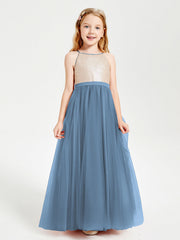 Abito Damigella Junior Lungo Top Con Paillettes Gonna In Tulle Blu Ardesia