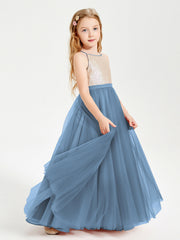 Abito Damigella Junior Lungo Top Con Paillettes Gonna In Tulle Blu Ardesia