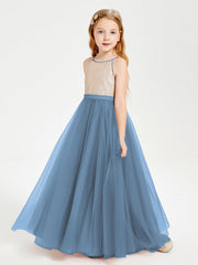 Abito Damigella Junior Lungo Top Con Paillettes Gonna In Tulle Blu Ardesia