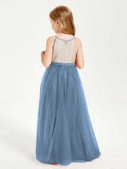 Abito Damigella Junior Lungo Top Con Paillettes Gonna In Tulle Blu Ardesia