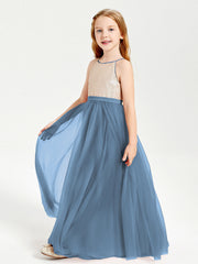 Abito Damigella Junior Lungo Top Con Paillettes Gonna In Tulle Blu Ardesia