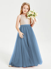 Abito Damigella Junior Lungo Top Con Paillettes Gonna In Tulle Blu Ardesia
