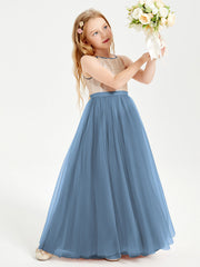 Abito Damigella Junior Lungo Top Con Paillettes Gonna In Tulle Blu Ardesia