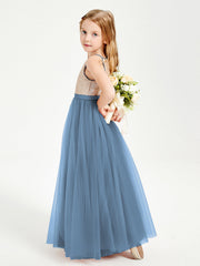 Abito Damigella Junior Lungo Top Con Paillettes Gonna In Tulle Blu Ardesia