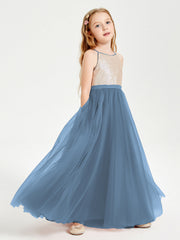 Abito Damigella Junior Lungo Top Con Paillettes Gonna In Tulle Blu Ardesia