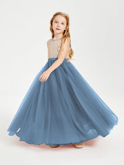 Abito Damigella Junior Lungo Top Con Paillettes Gonna In Tulle Blu Ardesia