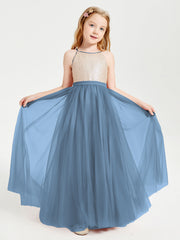 Abito Damigella Junior Lungo Top Con Paillettes Gonna In Tulle Blu Ardesia