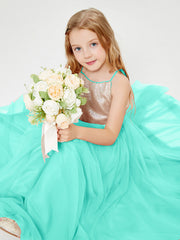 Abito Damigella Junior Lungo Top Con Paillettes Gonna In Tulle Azzurro Spa