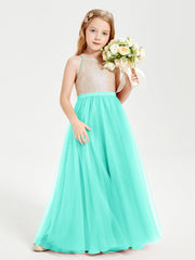Abito Damigella Junior Lungo Top Con Paillettes Gonna In Tulle Azzurro Spa