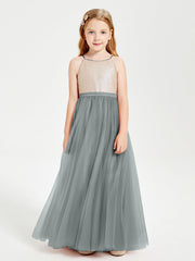 Abito Damigella Junior Lungo Top Con Paillettes Gonna In Tulle Grigio Acciaio