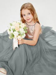 Abito Damigella Junior Lungo Top Con Paillettes Gonna In Tulle Grigio Acciaio
