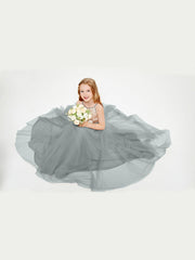 Abito Damigella Junior Lungo Top Con Paillettes Gonna In Tulle Grigio Acciaio