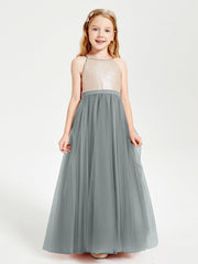 Abito Damigella Junior Lungo Top Con Paillettes Gonna In Tulle Grigio Acciaio