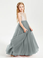 Abito Damigella Junior Lungo Top Con Paillettes Gonna In Tulle Grigio Acciaio