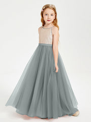 Abito Damigella Junior Lungo Top Con Paillettes Gonna In Tulle Grigio Acciaio