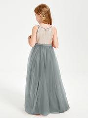 Abito Damigella Junior Lungo Top Con Paillettes Gonna In Tulle Grigio Acciaio