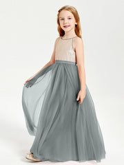 Abito Damigella Junior Lungo Top Con Paillettes Gonna In Tulle Grigio Acciaio