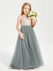 Abito Damigella Junior Lungo Top Con Paillettes Gonna In Tulle Grigio Acciaio