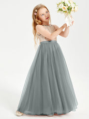 Abito Damigella Junior Lungo Top Con Paillettes Gonna In Tulle Grigio Acciaio