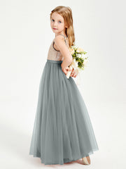 Abito Damigella Junior Lungo Top Con Paillettes Gonna In Tulle Grigio Acciaio