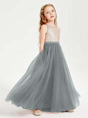 Abito Damigella Junior Lungo Top Con Paillettes Gonna In Tulle Grigio Acciaio