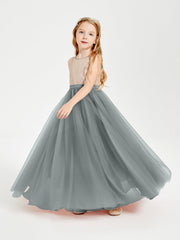 Abito Damigella Junior Lungo Top Con Paillettes Gonna In Tulle Grigio Acciaio