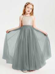 Abito Damigella Junior Lungo Top Con Paillettes Gonna In Tulle Grigio Acciaio