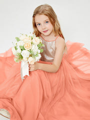 Abito Damigella Junior Lungo Top Con Paillettes Gonna In Tulle Tramonto