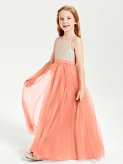 Abito Damigella Junior Lungo Top Con Paillettes Gonna In Tulle Tramonto