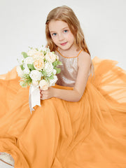 Abito Damigella Junior Lungo Top Con Paillettes Gonna In Tulle Mandarino