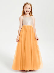 Abito Damigella Junior Lungo Top Con Paillettes Gonna In Tulle Mandarino