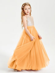 Abito Damigella Junior Lungo Top Con Paillettes Gonna In Tulle Mandarino