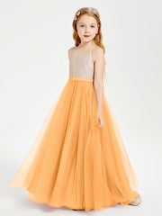 Abito Damigella Junior Lungo Top Con Paillettes Gonna In Tulle Mandarino