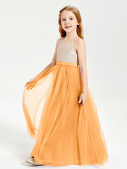 Abito Damigella Junior Lungo Top Con Paillettes Gonna In Tulle Mandarino