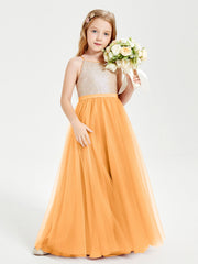 Abito Damigella Junior Lungo Top Con Paillettes Gonna In Tulle Mandarino